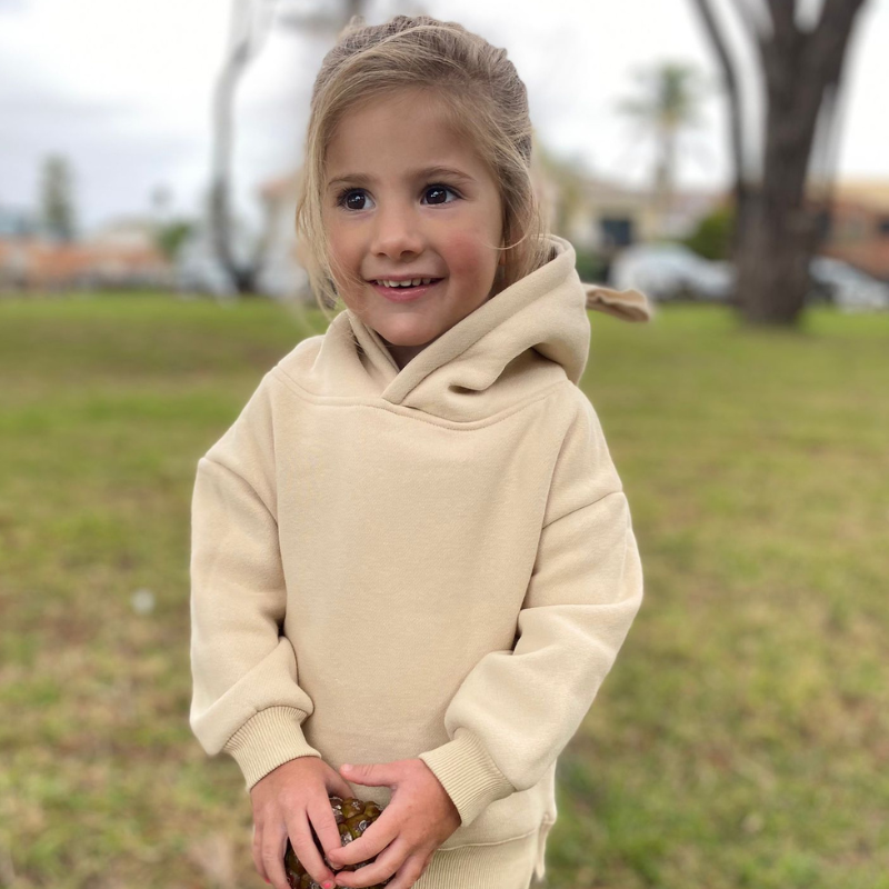 Junior FRACO Beige Teddy Bear Hoodie with hood down